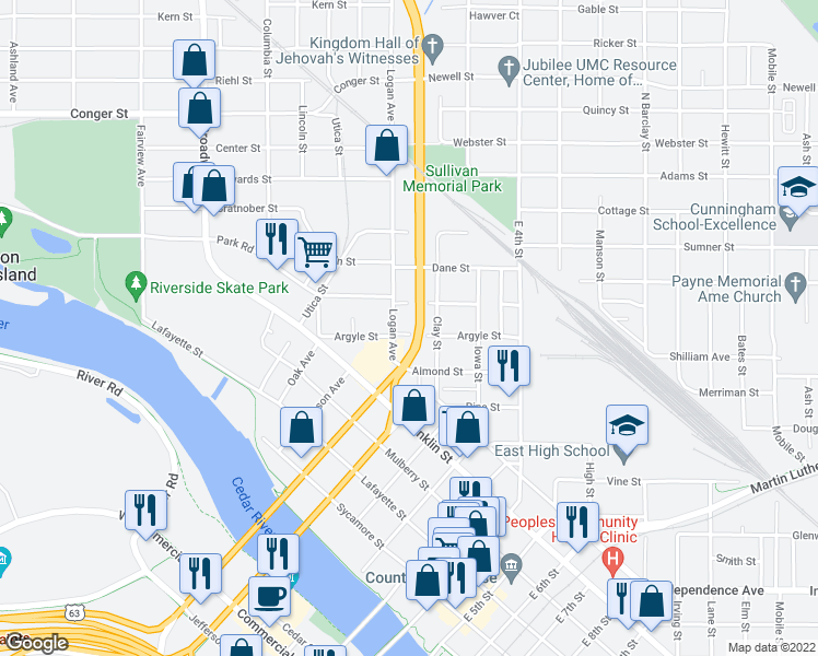 map of restaurants, bars, coffee shops, grocery stores, and more near 213 Argyle Street in Waterloo