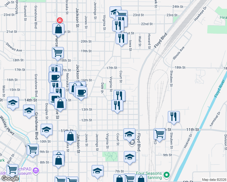 map of restaurants, bars, coffee shops, grocery stores, and more near 1415 Virginia Street in Sioux City