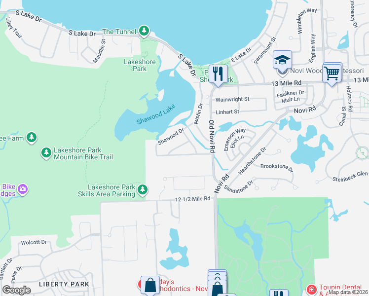 map of restaurants, bars, coffee shops, grocery stores, and more near 180 Pleasant Cove Drive in Novi