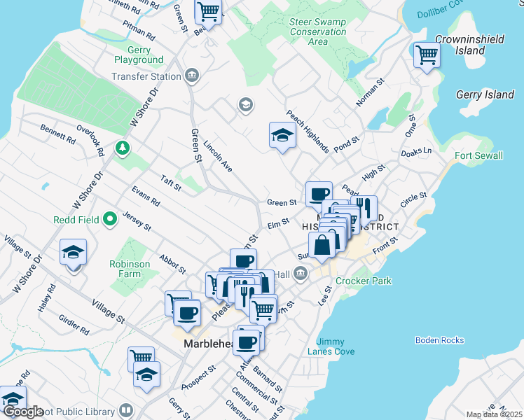 map of restaurants, bars, coffee shops, grocery stores, and more near 17 Creesy Street in Marblehead