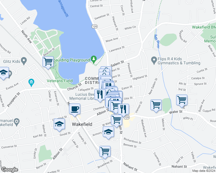 map of restaurants, bars, coffee shops, grocery stores, and more near 310 Main Street in Wakefield