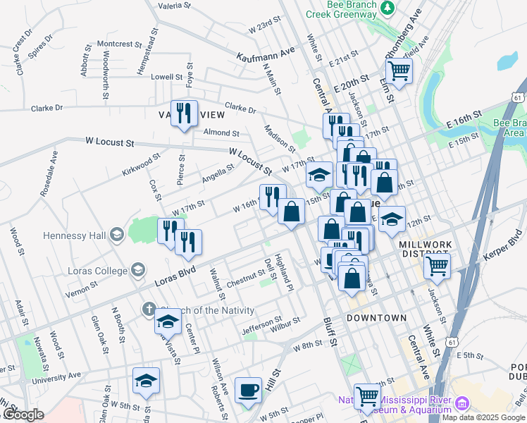 map of restaurants, bars, coffee shops, grocery stores, and more near 1490 Cornell Street in Dubuque