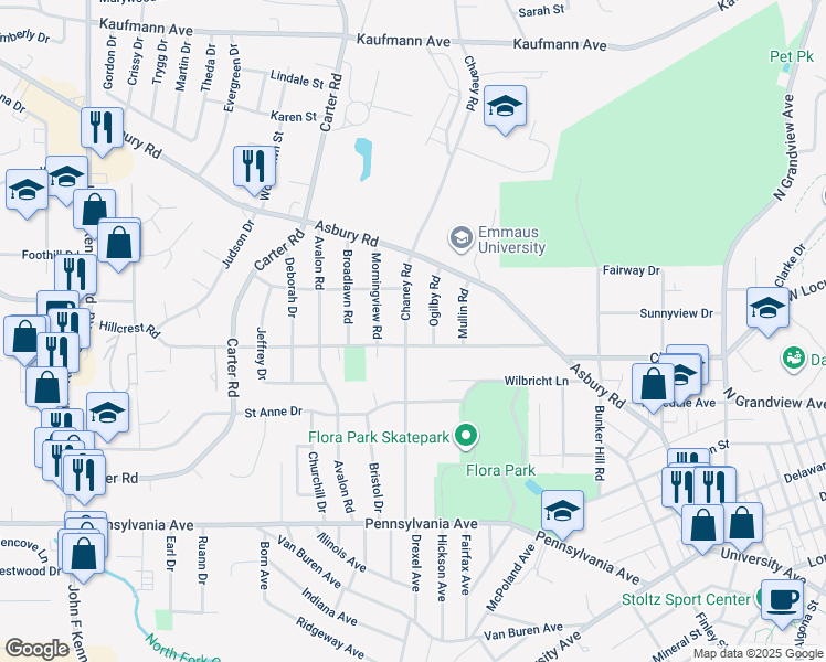map of restaurants, bars, coffee shops, grocery stores, and more near 2615 Hillcrest Road in Dubuque
