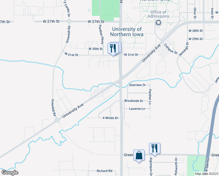 map of restaurants, bars, coffee shops, grocery stores, and more near 9025 University Avenue in Cedar Falls