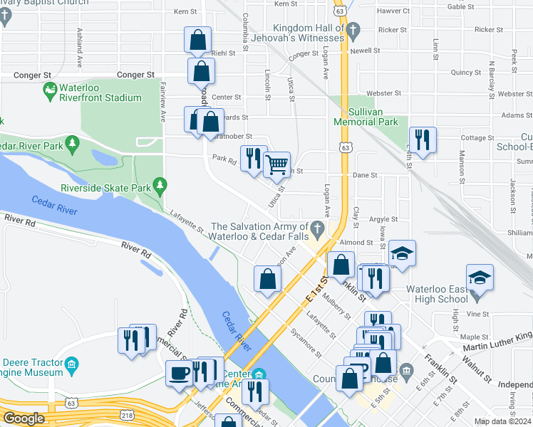 map of restaurants, bars, coffee shops, grocery stores, and more near 1 Franklin Street in Waterloo