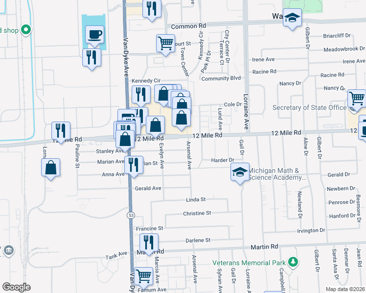 map of restaurants, bars, coffee shops, grocery stores, and more near 8318 Stanley Drive in Warren