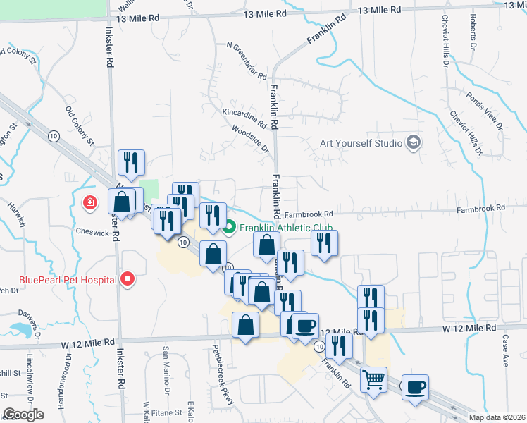 map of restaurants, bars, coffee shops, grocery stores, and more near 29602 Farmbrook Villa Court in Southfield