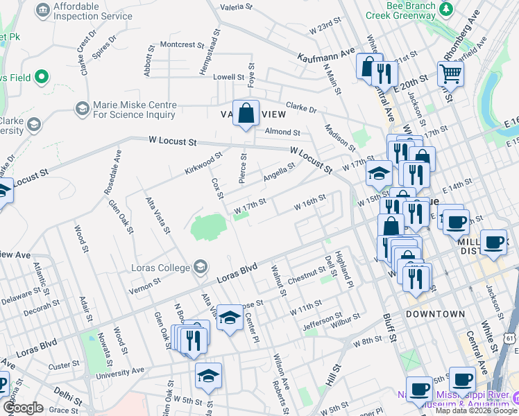 map of restaurants, bars, coffee shops, grocery stores, and more near 671 West 16th Street in Dubuque