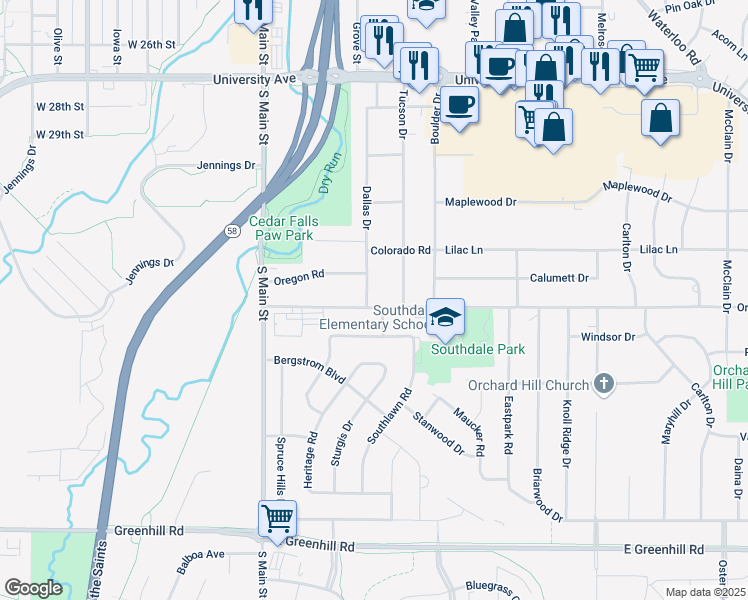 map of restaurants, bars, coffee shops, grocery stores, and more near 3604 Dallas Drive in Cedar Falls
