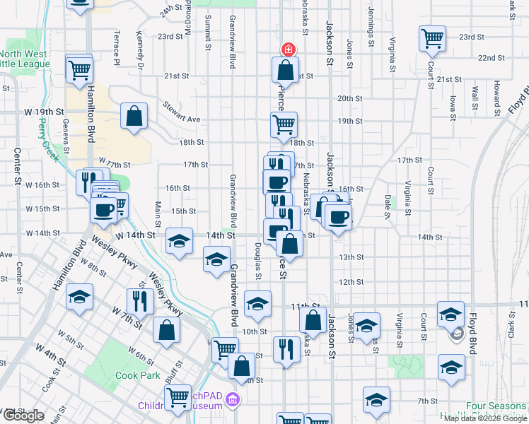 map of restaurants, bars, coffee shops, grocery stores, and more near 1408 Douglas Street in Sioux City