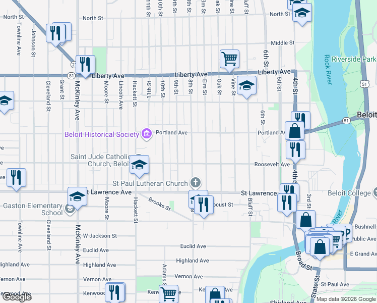 map of restaurants, bars, coffee shops, grocery stores, and more near 717 Roosevelt Avenue in Beloit