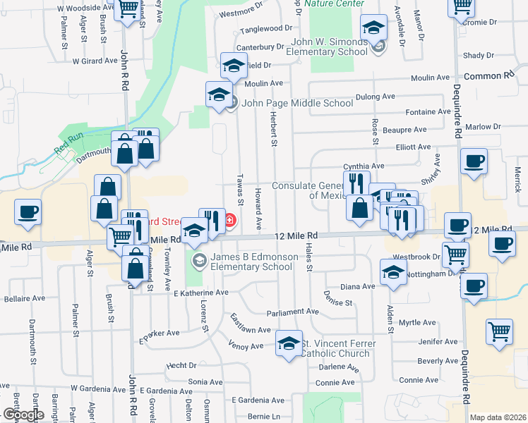map of restaurants, bars, coffee shops, grocery stores, and more near 29033 Herbert Street in Madison Heights