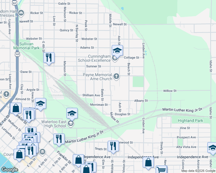 map of restaurants, bars, coffee shops, grocery stores, and more near 415 Shilliam Avenue in Waterloo