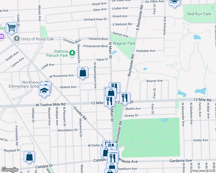 map of restaurants, bars, coffee shops, grocery stores, and more near 1909 North Main Street in Royal Oak