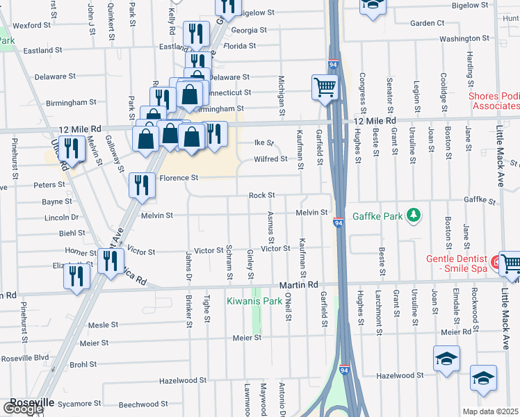 map of restaurants, bars, coffee shops, grocery stores, and more near 19228 Melvin Street in Roseville