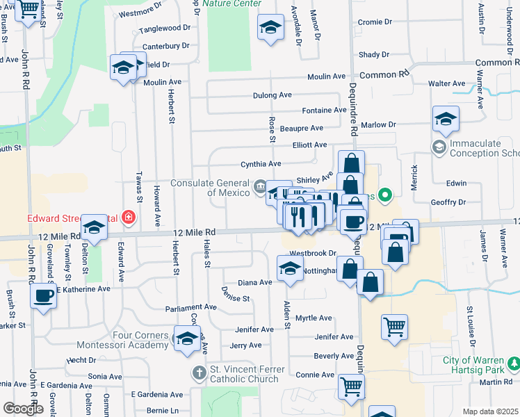 map of restaurants, bars, coffee shops, grocery stores, and more near 1461 East 12 Mile Road in Madison Heights