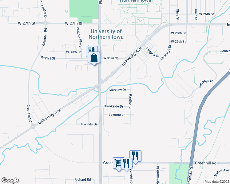 map of restaurants, bars, coffee shops, grocery stores, and more near 1502 Springbrook Drive in Cedar Falls