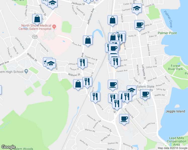 map of restaurants, bars, coffee shops, grocery stores, and more near 59 Lawrence Street in Salem