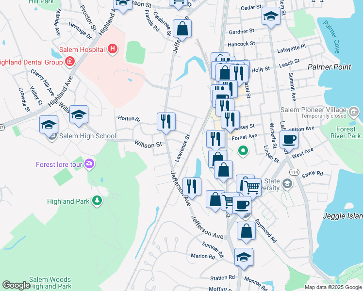 map of restaurants, bars, coffee shops, grocery stores, and more near 72 Lawrence Street in Salem