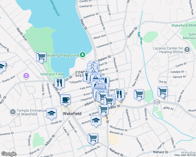 map of restaurants, bars, coffee shops, grocery stores, and more near 310 Main Street in Wakefield