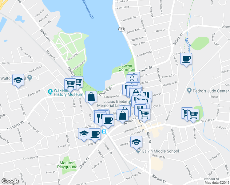 map of restaurants, bars, coffee shops, grocery stores, and more near 22 Lafayette Street in Wakefield