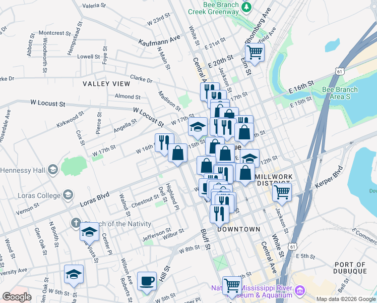 map of restaurants, bars, coffee shops, grocery stores, and more near 1394 Locust Street in Dubuque