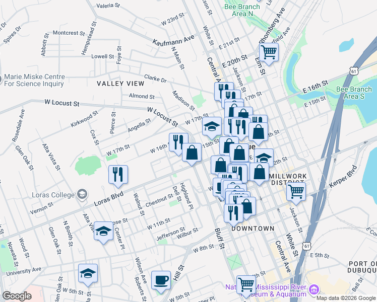 map of restaurants, bars, coffee shops, grocery stores, and more near 1439 Bluff Street in Dubuque