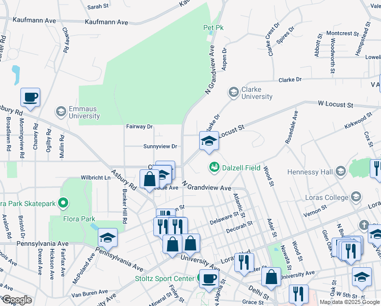 map of restaurants, bars, coffee shops, grocery stores, and more near 1800 Clarke Drive in Dubuque