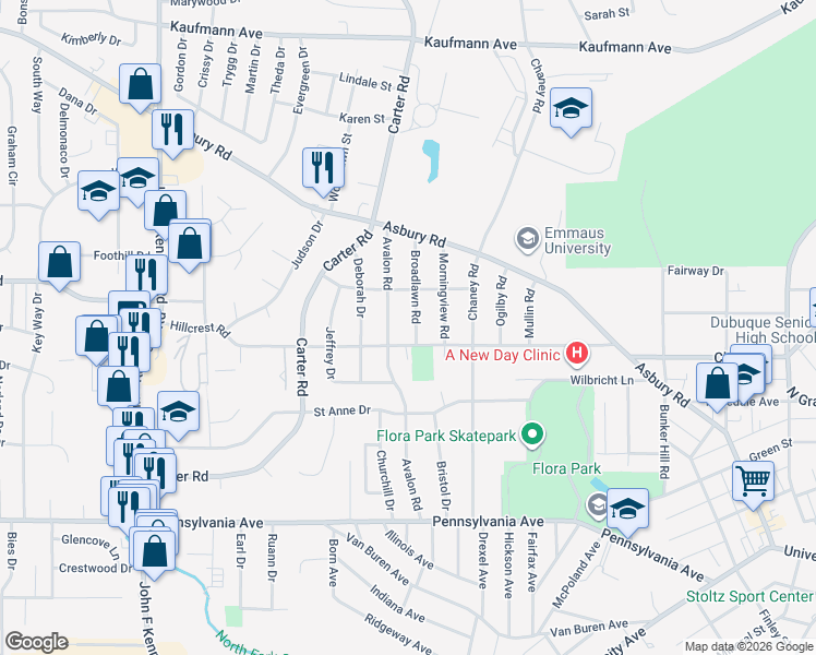 map of restaurants, bars, coffee shops, grocery stores, and more near 2955 Hillcrest Road in Dubuque