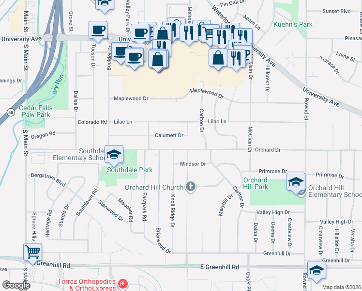 map of restaurants, bars, coffee shops, grocery stores, and more near 3312-3610 Laurinda Drive in Cedar Falls