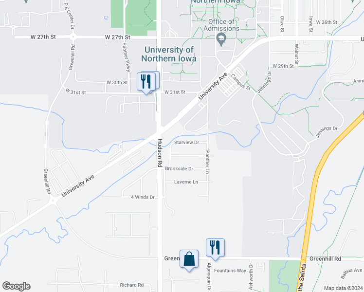 map of restaurants, bars, coffee shops, grocery stores, and more near 1502 Springbrook Drive in Cedar Falls