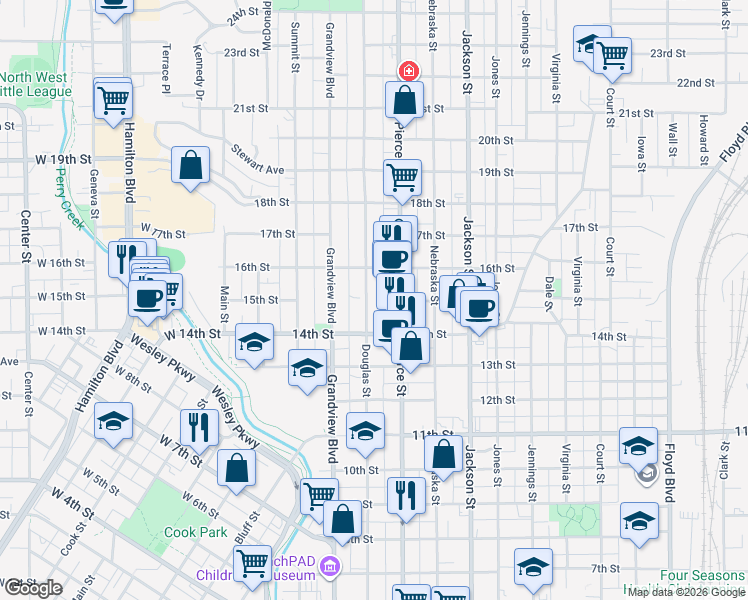 map of restaurants, bars, coffee shops, grocery stores, and more near 1408 Douglas Street in Sioux City