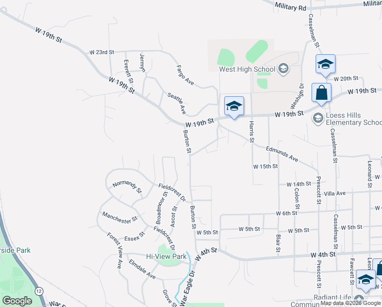 map of restaurants, bars, coffee shops, grocery stores, and more near 1400-1450 Burton Street in Sioux City