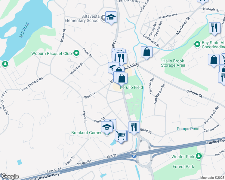 map of restaurants, bars, coffee shops, grocery stores, and more near 67 Elm Street in Woburn