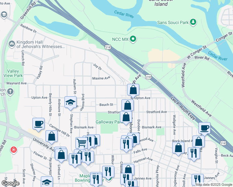 map of restaurants, bars, coffee shops, grocery stores, and more near 1103 Upton Avenue in Waterloo