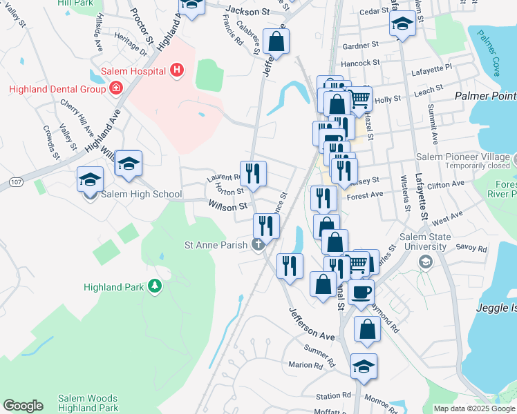 map of restaurants, bars, coffee shops, grocery stores, and more near 255 Jefferson Avenue in Salem