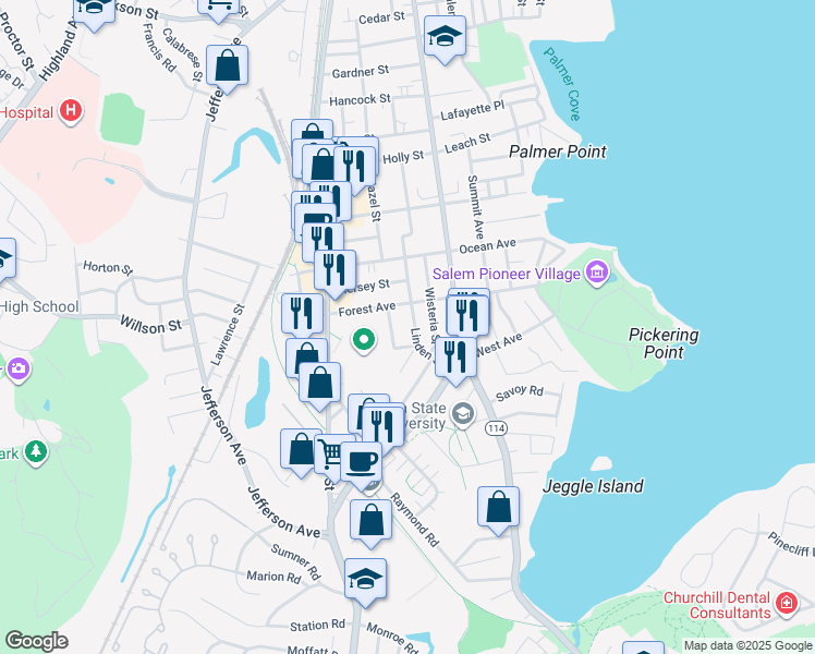 map of restaurants, bars, coffee shops, grocery stores, and more near 96 Atlantic Street in Salem