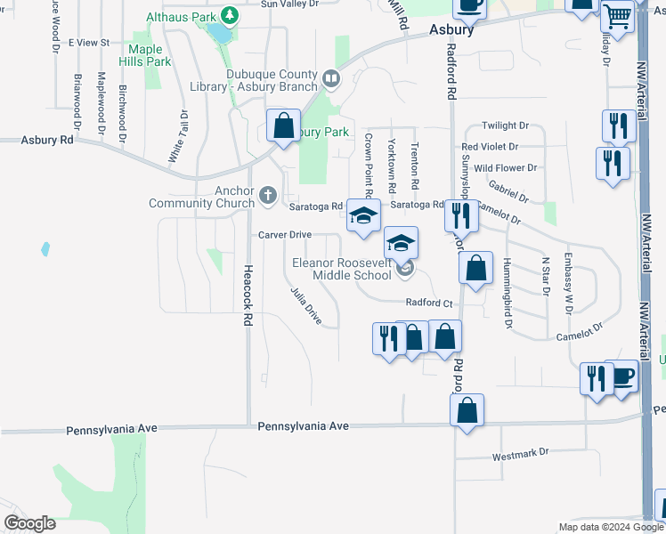 map of restaurants, bars, coffee shops, grocery stores, and more near 2282 School View Drive in Asbury