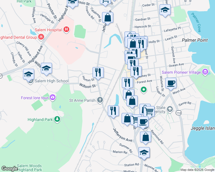 map of restaurants, bars, coffee shops, grocery stores, and more near 72 Lawrence Street in Salem