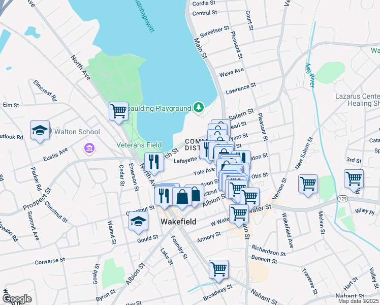 map of restaurants, bars, coffee shops, grocery stores, and more near 22 Lafayette Street in Wakefield