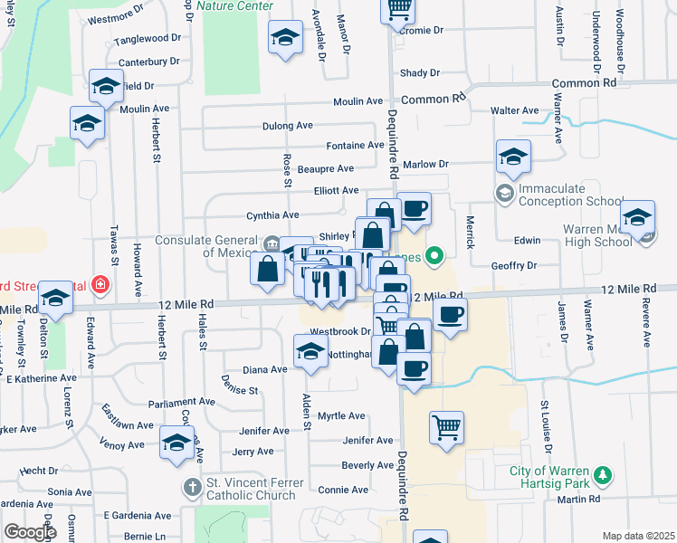 map of restaurants, bars, coffee shops, grocery stores, and more near 29245 Tessmer Court in Madison Heights