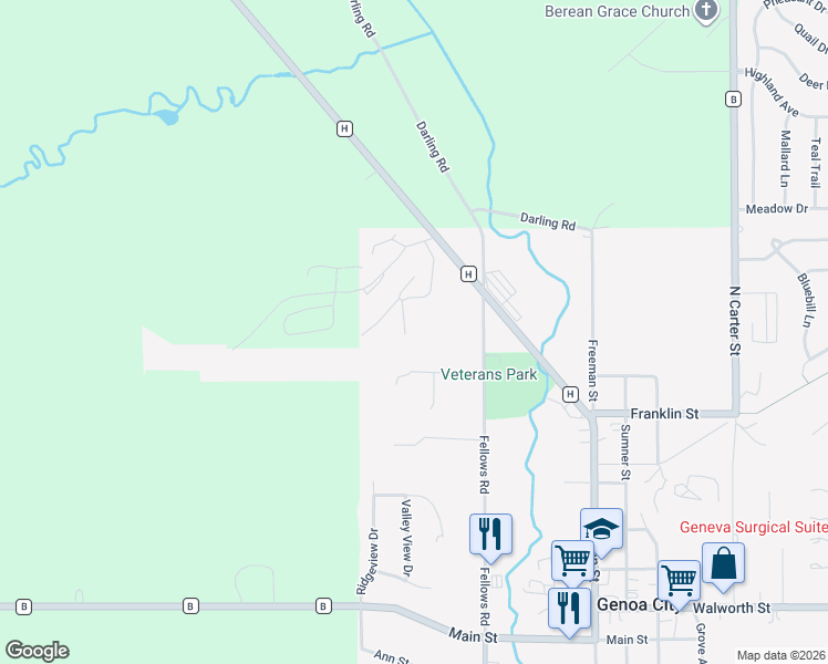 map of restaurants, bars, coffee shops, grocery stores, and more near 641 Fellows Road in Genoa City