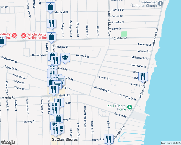 map of restaurants, bars, coffee shops, grocery stores, and more near 22208 Lanse Street in St. Clair Shores
