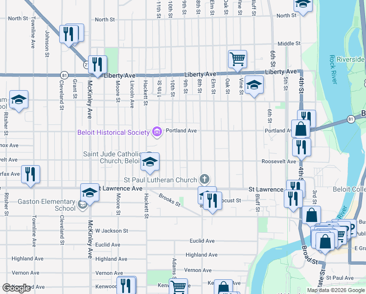 map of restaurants, bars, coffee shops, grocery stores, and more near 717 Roosevelt Avenue in Beloit