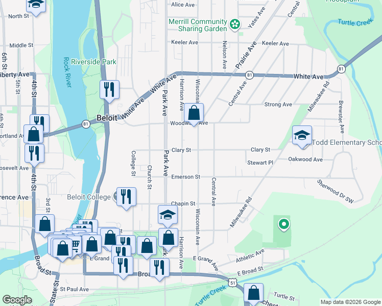 map of restaurants, bars, coffee shops, grocery stores, and more near 825 Harrison Avenue in Beloit