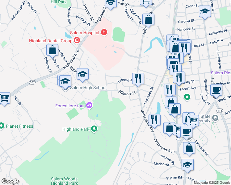 map of restaurants, bars, coffee shops, grocery stores, and more near 10 Story Road in Salem