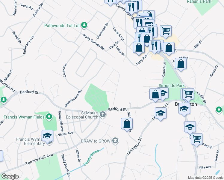 map of restaurants, bars, coffee shops, grocery stores, and more near 2 Raymond Road in Burlington