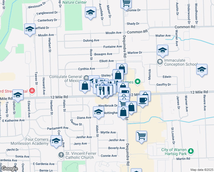 map of restaurants, bars, coffee shops, grocery stores, and more near 1655 East 12 Mile Road in Madison Heights