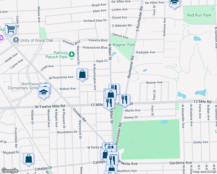 map of restaurants, bars, coffee shops, grocery stores, and more near 1872 North Main Street in Royal Oak
