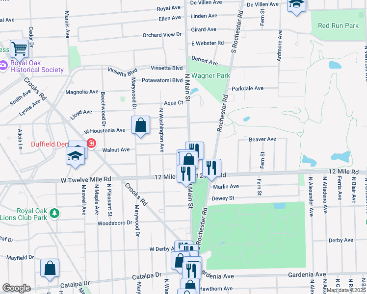 map of restaurants, bars, coffee shops, grocery stores, and more near 1872 North Main Street in Royal Oak